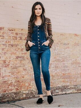 KanCan High-Rise Button-Front Dark Blue Women’s Denim Overalls